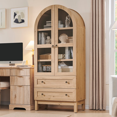 71" Tall Arched Bookshelf, 4-Tier Bookcase with Glass Doors and Shelves, Wooden Display Cabinet w/2 Large Storage Drawers, Modern Farmhouse Versatile by Breakwater Bay
