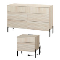 6 Drawer Dresser And Nightstand Set For Bedroom, 2 Pcs Bedroom Set With Minimalist Reeded Design, Double Dresser With Hidden Handles by Ebern Designs