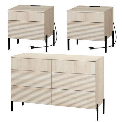 6 Drawer Dresser And Nightstand Set For Bedroom, 3 Pcs Bedroom Set With Minimalist Reeded Design, Double Dresser With Hidden Handles by Ebern Designs