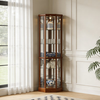 6 Shelf Lighted Corner Curio Cabinet with Adjustable Tempered Glass Shelves and Mirror Back(E26 light bulb not included) by Red Barrel Studio