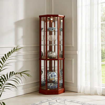 6 Shelf Lighted Corner Curio Cabinet with Adjustable Tempered Glass Shelves and Mirror Back(E26 light bulb not included) by Red Barrel Studio