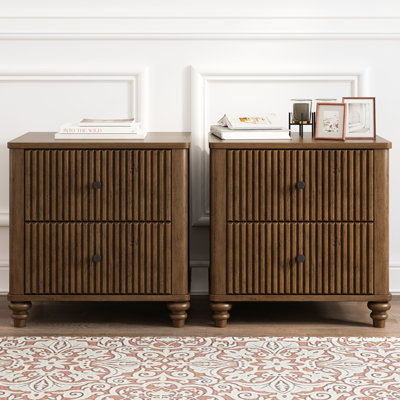 Devon Fluted Wooden Nightstand with 3 Drawers & Metal Handles by Canora Grey