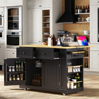 Large Rolling Kitchen Island With Drop Leaf, Power Outlet, Internal Storage Racks, 5 Open Side Racks, 2 Drawers, An Adjustable Shelf by Lark Manor