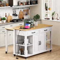 Kitchen Island With Extendable Dining Table, Internal Storage Rack, Power Outlet, 2 Drawers, 2 Cabinet And Open Shelves by Lark Manor