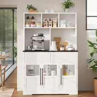 60" Farmhouse Kitchen Pantry Cabinet with Glass Doors, Microwave Stand, Wave Pattern, Storage Drawers, Wood Grain Hutch, Tall Pantry Storage for Dinin by Ophelia & Co.