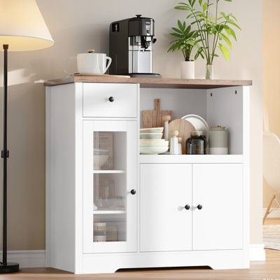 Senfot Kitchen Microwave Cabinet with Storage and Drawers, Modern Small Buffet Cabinet with Glass Doors and Adjustable Shelf, Wooden Sideboard with Wi