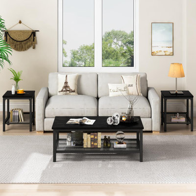 Living Room Table Set Of 3, Modern Coffee Table With Mdf Broad Tea Table & 2 End Side Tables, Space-saving Coffee Table Set With Metal Frame For Livin by Ebern Designs