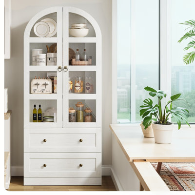 72" Tall Arched Kitchen Pantry Cabinet, Farmhouse Wood Storage Cabinet with Glass Door, 2 Large Drawers, Freestanding Organizer for Dining Room & Livi