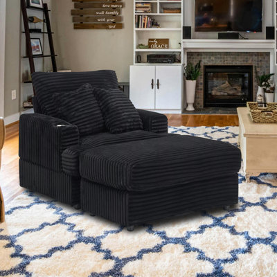 Katrein 39" Wide Corduroy Upholstered Chaise Lounge with Cup Holder,Movable Ottoman by Latitude Run