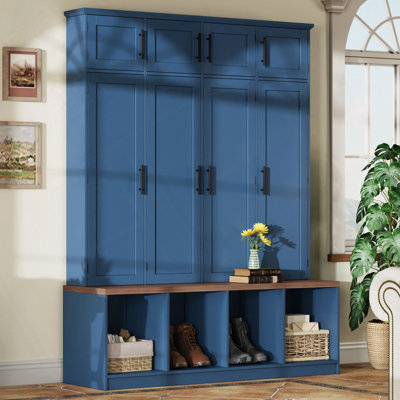 Farmhouse Hall Tree with 4 Hidden Hooks, Walnut Seating Bench, 8-Door Shoe Cabinet & Open Compartments for Entryway by Lark Manor