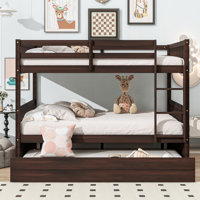 Full Over Full Bunk Bed with Trundle, Ladder, Guardrails, Convertible to 2 Full Beds, Rubber Wood Construction ,Espresso by Harriet Bee