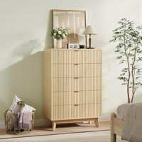 Mid-Century Fluted 5-Drawer Dresser, Natural Wood Chest of Drawers for Bedroom, Boho Storage Organizer by George Oliver