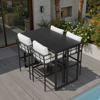 5-Piece Iron Outdoor Dining Set - Acacia Wood Armrest Chairs & Weatherproof Table for Patio, Balcony or Backyard by Hokku Designs