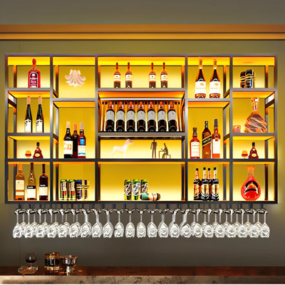 Black Multi-tier Wall Mounted Wine Bottle and Glass Holder（Without LED light） by Orren Ellis