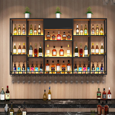 Black Multi-tier Iron Wall Mounted Wine Bottle Wine Glass Holder（Without LED light） by Orren Ellis