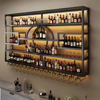 Multi-tier industrial style wall-mounted wine bottle and glass holder(Without LED light)