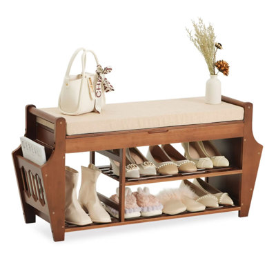 Shoe Bench with Storage 39.4in, 3 Tier Bamboo Entryway Storage Bench, Shoe Rack Organizer with Cushion by Ebern Designs