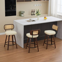Swivel Bar Stools Set of 3 Upholstered Wing Back Counter Height Chairs with Ergonomic Wood & Rattan Backrest, 360° Swivel, Cushioned Seat, Metal Footr