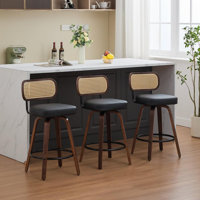 Swivel Bar Stools Set of 3 Upholstered Wing Back Counter Height Chairs with Ergonomic Wood & Rattan Backrest, 360° Swivel, Cushioned Seat, Metal Footr by Bayou Breeze