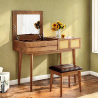Classic Wood Makeup Vanity Set With Flip-top Mirror And Stool, Three Drawers, Woven Rattan Design And Metal Handles by Bayou Breeze