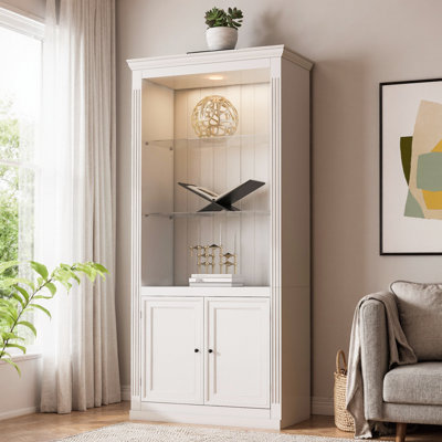79" Retro Display Bookcase with 5-Color LED Lighting - Adjustable Glass Shelves & Cabinet Doors, Vintage-Style MDF Bookcase