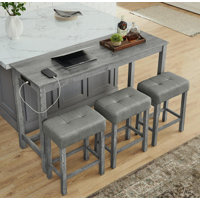 59-Inch Multifunctional Bar/Dining/Sofa Table Set Built-in 2 AC Outlets + 2 USB Ports 3 Linen-Upholstered Stools 4-Piece Set for Living Room, Dining & by Arlmont & Co.