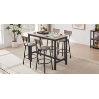 5-Piece Modern Bar Table Set with 4 PU Leather Stools Grey Soft Cushion Seats & Backrests Sturdy Metal Frame Space-Saving Design for Kitchen, Dining & by 17 Stories