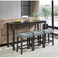 4-Piece Modern Bar Table Set with Built-in Power Outlet Sofa Behind Couch Table & 3 Padded Stools Dark Gray Upholstery Sturdy Metal Frame for Living R by Red Barrel Studio