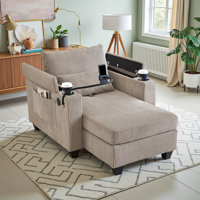 Convertible Corduroy Chaise Lounge Chair with USB, Cup Holders & Storage Armrests by Mercer41