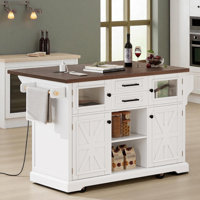 Kitchen Island With Drop Leaf, Power Outlet, 4 Door Shelves, Cross Barn Doors & Visual Glass Door, 2 Drawers, Towel Rack, Spice Rack And Adjustable Sh by Gracie Oaks
