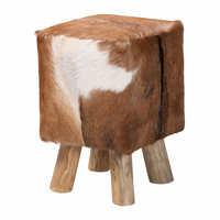 Bali & Pari Scotlyn Genuine Goat Leather Footstool With Teak Wood Legs - Rustic Boho Accent Seat With Natural Hide Upholstery, Handmade Decorative Foo by Dakota Fields