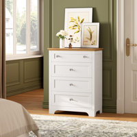 Drawer Dresser with LED Light - 4 Drawer Nightstand Cabinet with Night Light, Visible Glass Table-top by Ebern Designs
