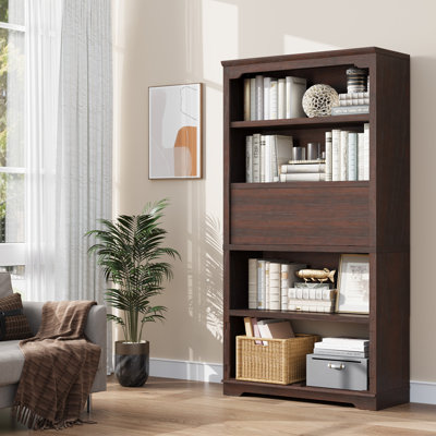 Luper 5-Shelf Bookcase with Flip-shelf and Storage,71 inch Bookcase Cabinet