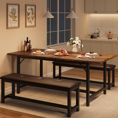 Dining Table Set for 4-6, Extendable Kitchen Table Set with 2 Upholstered Bench for 6,Rectangle Small Extendable Metal Frame Kitchen Table Set for 4 f by 17 Stories
