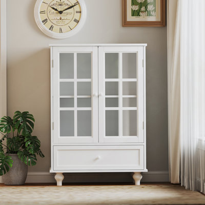 Minimalist White Buffet Cabinet with Double Glass Doors and Drawer, Modern Wooden Storage Sideboard Cupboard