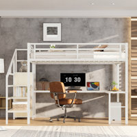 Queen Loft Bed with L-Shaped Desk, USB, Wardrobe, Shelf & LED, Metal Wood Loft Bed for Teens Adults Kids by Harriet Bee