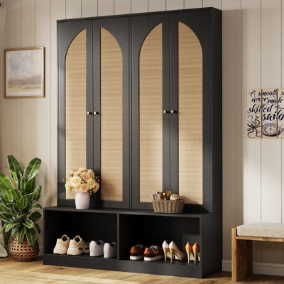 Farmhouse Entryway Hall Tree with Rattan Doors, 4-in-1 Seating Bench & Shoe Cabinet with Hooks by Bay Isle Home