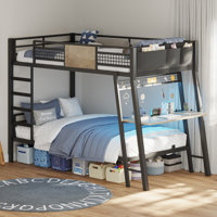 Twin Size Bed With Desk, Twin Metal Bunk Beds With Power Outlets, Rgb Led Lights, 2 Larger Storage Drawers, Bed With 13.4"h Safety Guardrail & Ladders by Mason & Marbles