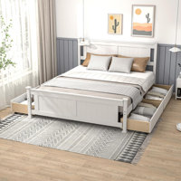 Wood Size Bed Frame With 4 Storage Drawers, Solid Wood Platform Bed With Headboard