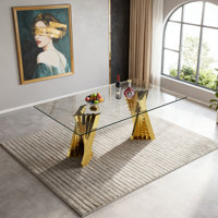 70" Glass Dining Table for 6-8 Luxury Glass Top Kitchen Table for 6 Mid-Century Rectangle Dining Room Table w/Mirrored Stainless Steel Base for Home O by Mercer41