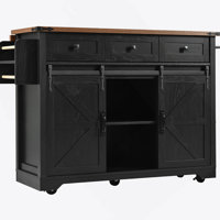 Farmhouse Kitchen Island with Power Outlet, Sliding Barn Doors, and Drop Leaf for Versatile Storage and Functionality by Gracie Oaks