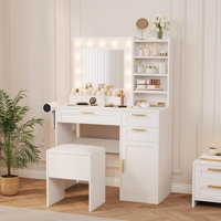 Vanity Desk with Lighted Mirror, 3 Lighting Modes Makeup Table with Charging Station, Cushioned Stool & 3 Drawers for Bedroom or Makeup Studio by Mercer41