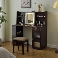 Elegant Makeup Vanity Desk With 3 Modes Adjustable Lighted Mirror,Modern Dressing Table Set With Large Shelves, Drawer And Canbinet by Red Barrel Studio