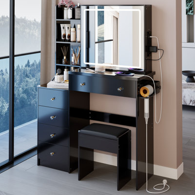 37" Middle Size Left Bedside Cabinet Vanity Table + Cushioned Stool Dresser Set, 2 AC+2 USB Socket, Hair Dryer Stand, Large Touch Control LED Sliding by Latitude Run