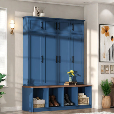Farmhouse Hall Tree With 4 Hidden Hanging Hooks, 8 Doors, Seating Bench And Shoe Cabinet by Red Barrel Studio