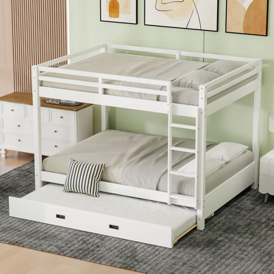 Wood Queen Size Bunk Bed with Trundle & Ladder for Kids Room, Space-Saving, Sturdy Pine Frame, by Harriet Bee