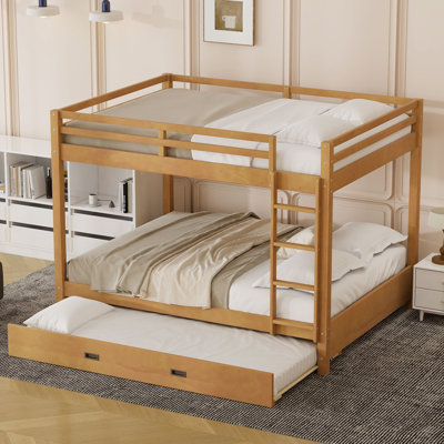 Wood Queen Size Bunk Bed with Trundle & Ladder for Kids Room, Space-Saving, Sturdy Pine Frame, by Harriet Bee