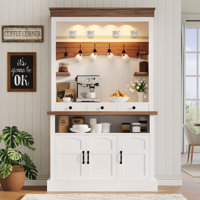 Coffee Bar Cabinet with LED Light, 72" Tall Farmhouse Coffee Bar Hutch with Storage, Sideboard Buffet Cabinet with Microwave Stand/Glass Shelf/6 Hooks