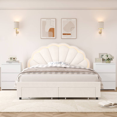 3-Piece Bedroom Sets, Modern Upholstered LED Bed With Drawer & 3-Tier White Nightstands