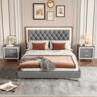3-Pieces Bedroom Sets,Queen Size Upholstered Platform Bed With LED Lights And Two Nightstands by House of Hampton